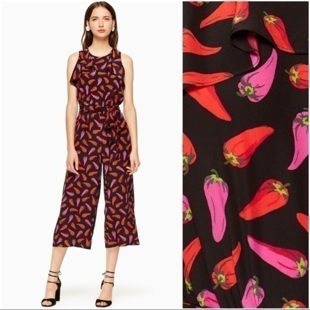Kate Spade Silk Chili Pepper Wide Leg Sleeveless Jumpsuit Black Red Pink NWT 00